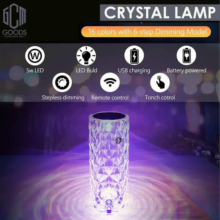 16 Colors Diamond Rose Crystal Table  Lamp USB Rechargeable